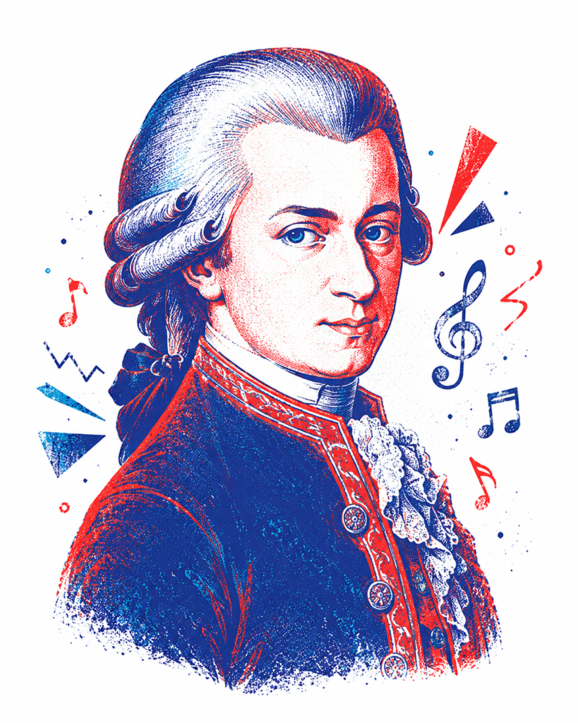 Portret ilustrat al compozitorului Wolfgang Amadeus Mozart